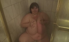 Busty Bbw Lexxxi Sucks Big Black Dildo In Shower