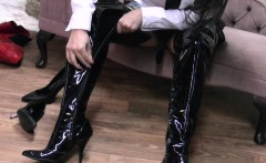 Schoolgirl babe puts on mums hot silky leather thigh boots