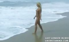 Nude blonde babe walks on the beach and then gets hammered