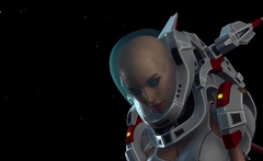 Spacewoman in spacesuit plays with alien on the exoplanet